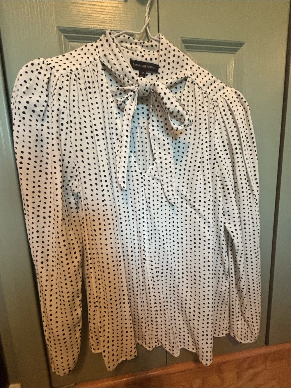 Banana Republic White and Black Polka Dot Tie-Neck Blouse